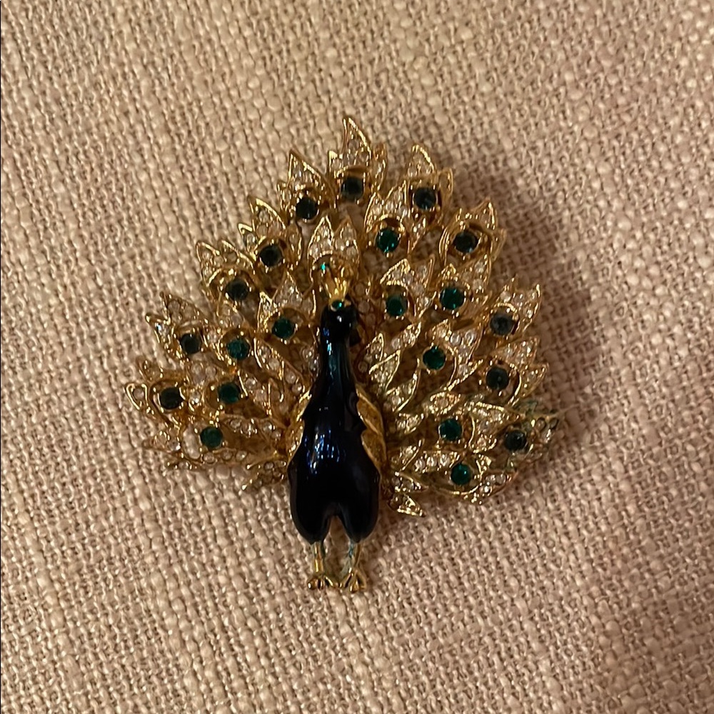 Elegant Gold and Blue Peacock Brooch